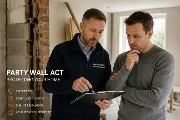 Party wall surveyor Eastbourne discussing extension plans with homeowner outside a UK semi-detached house.